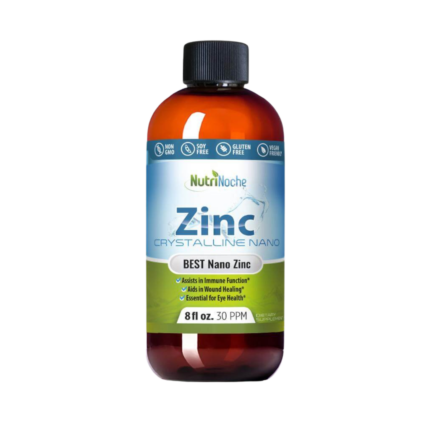 A bottle of NutriNoche Liquid Zinc supplement with a label showing the brand and product name, as well as mentions of being ultra pure crystalline nano zinc.