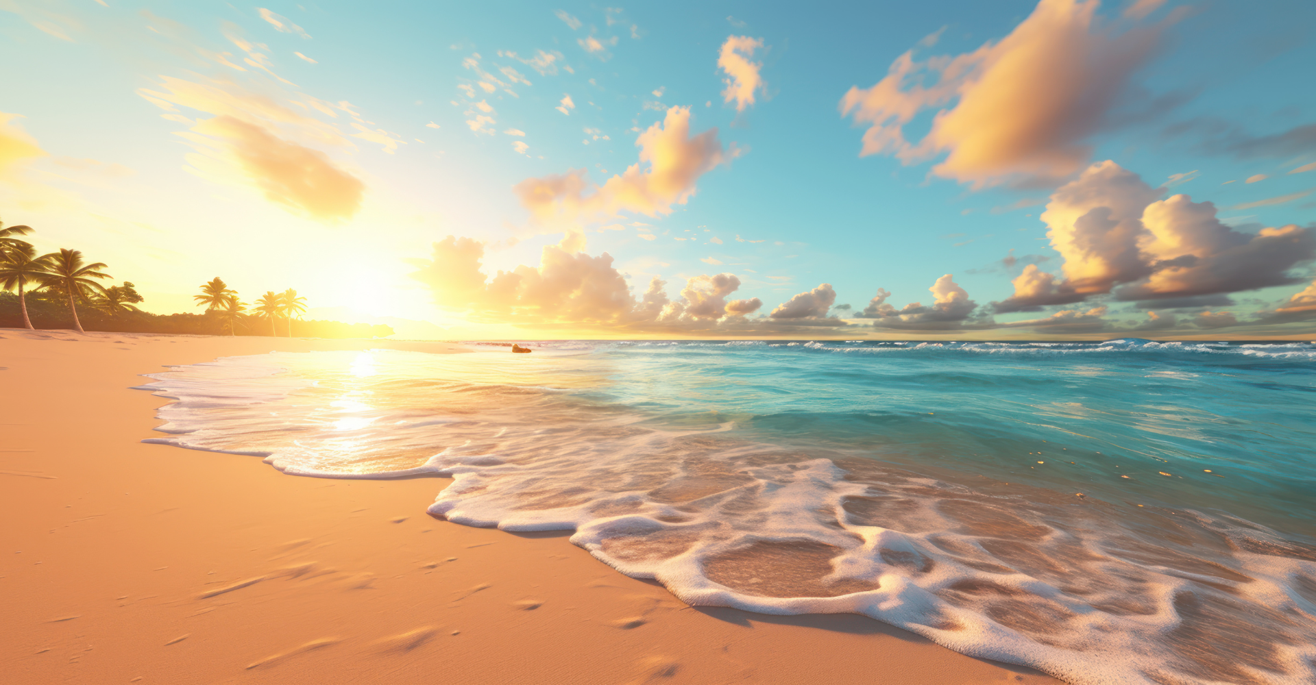 Orange sky with blue ocean waves