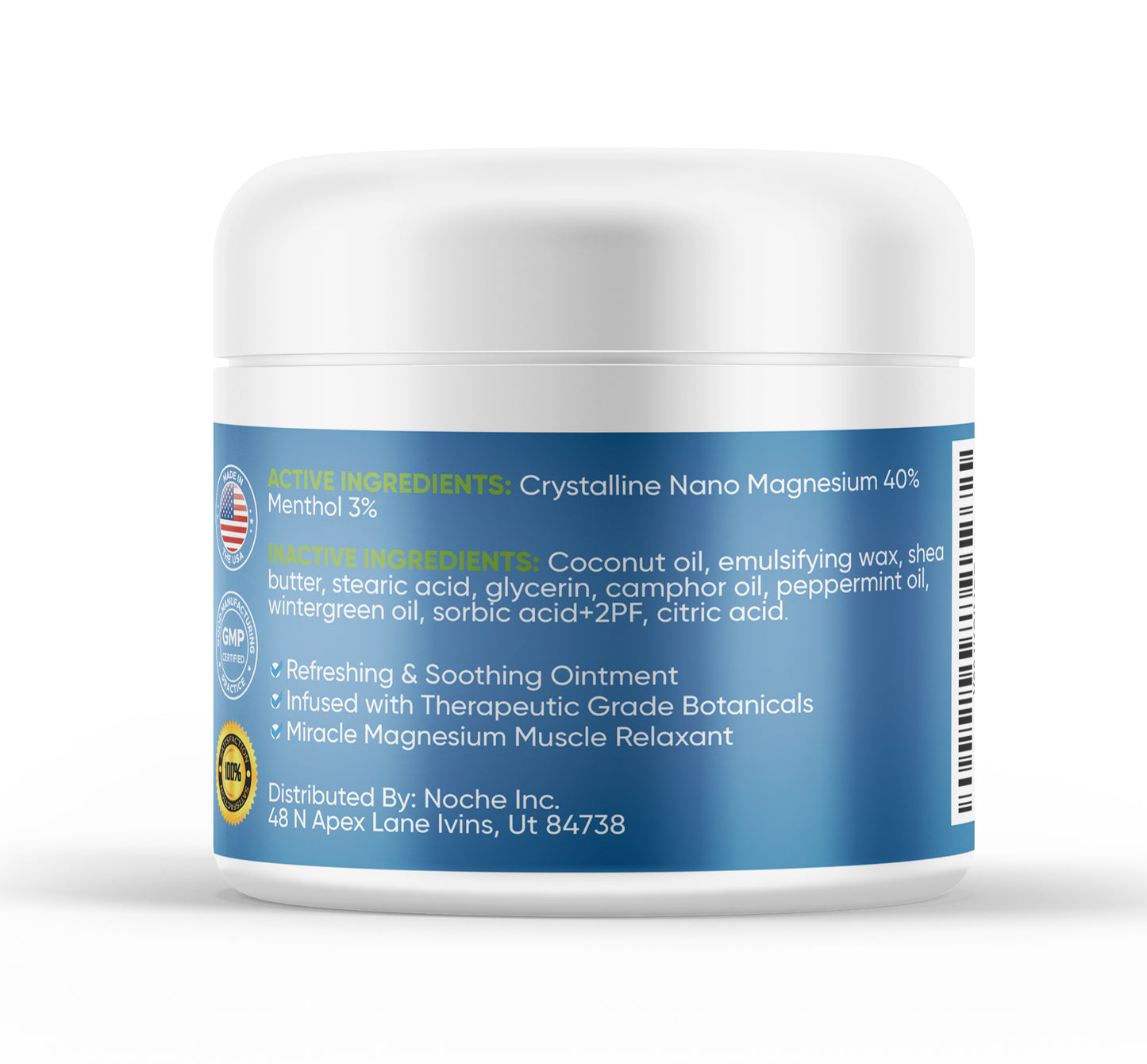 NutriNoche Magnesium Lotion container featuring active ingredients like nano magnesium and menthol for soothing relief.