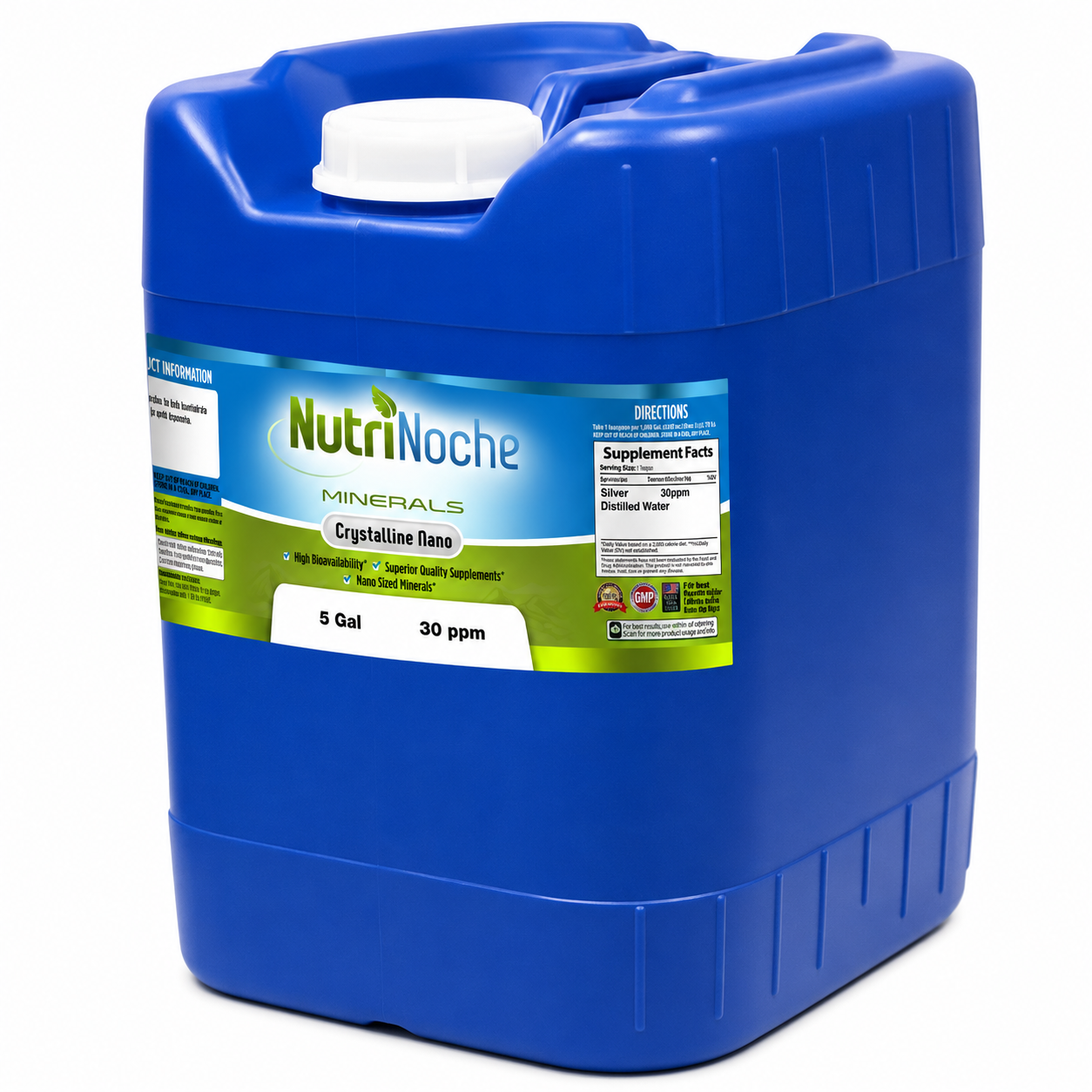 A 5-gallon blue plastic jerrycan of NutriNoche Minerals Crystalline colloidal silveron a white background.