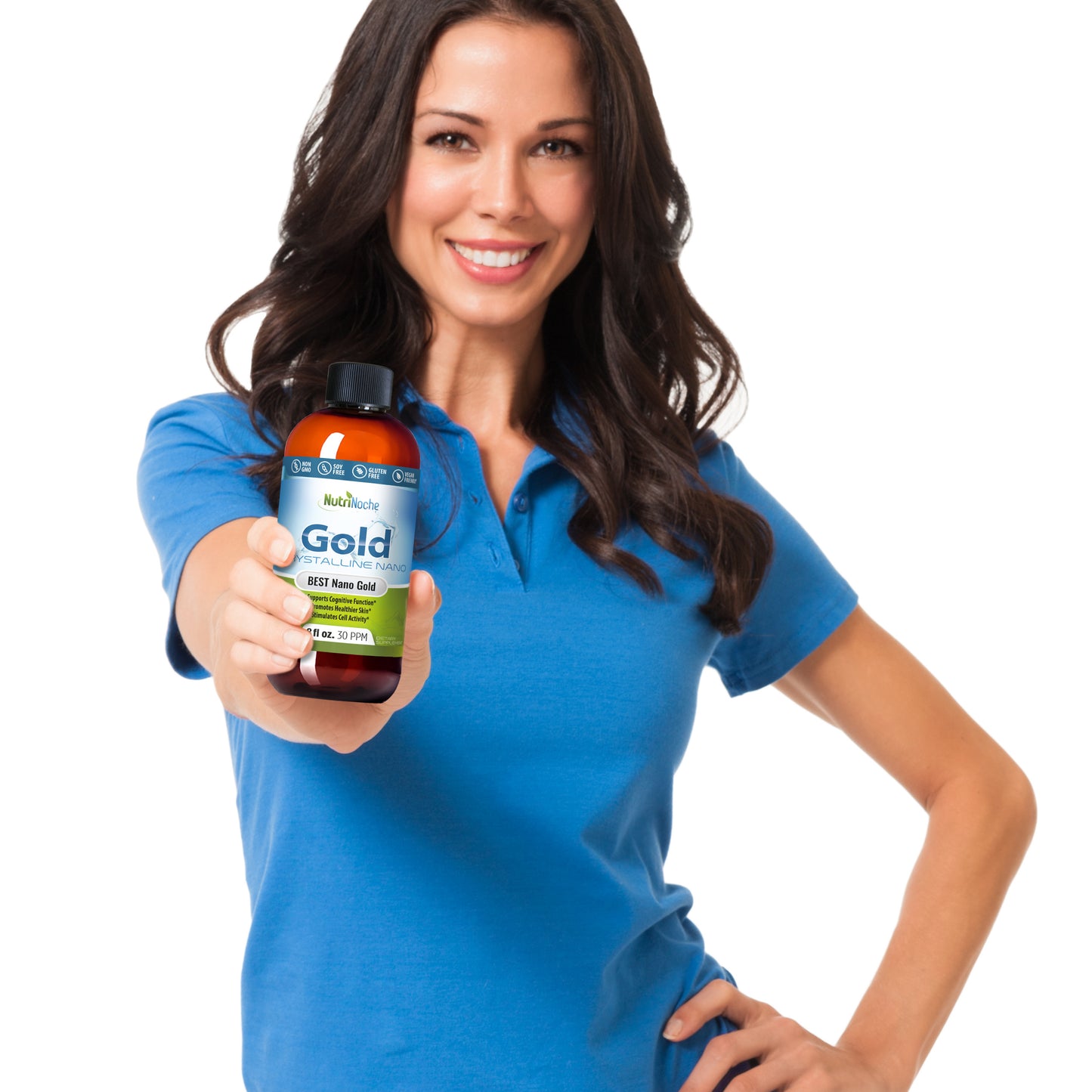 Woman holding a bottle of Nutrinoche colloidal Gold product against a white background