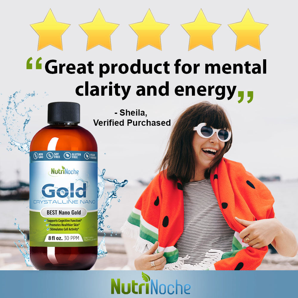NutriNoche Gold supplement bottle with a woman wrapped in a watermelon-themed towel, surrounded by five-star rating text.
