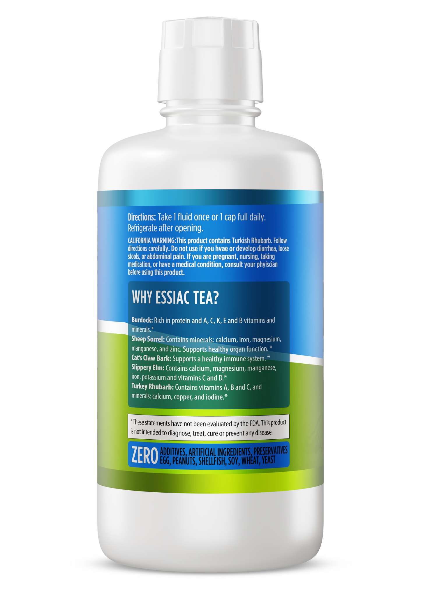 NutriNoche Organic Essiac Tea bottle showing benefits and directions for use.