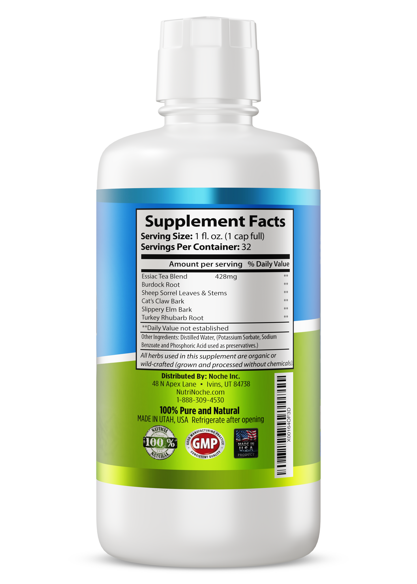 NutriNoche Organic Essiac Tea bottle with supplement facts, showcasing herbal ingredients and serving size.