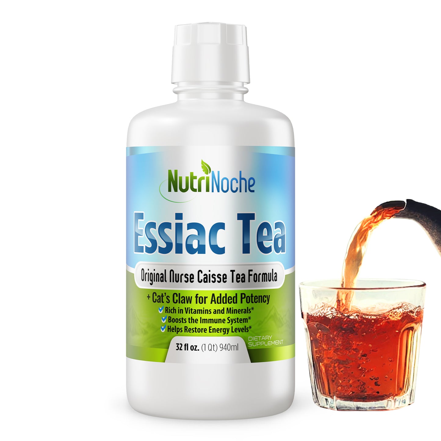 NutriNoche Essiac Tea bottle with a pour of fresh tea, promoting health benefits like boosted immunity and energy.