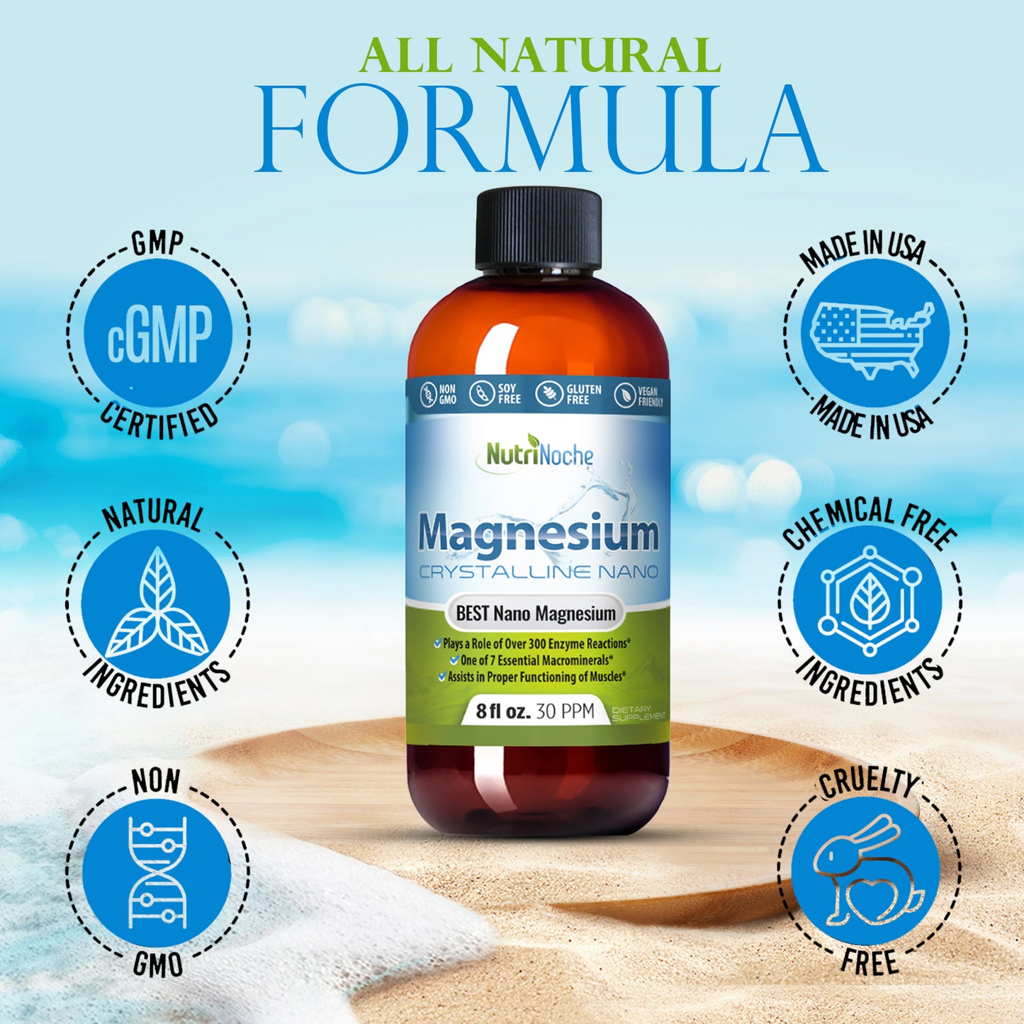 Bottle of NutriNucleus Magnesium with certification icons on a beach background