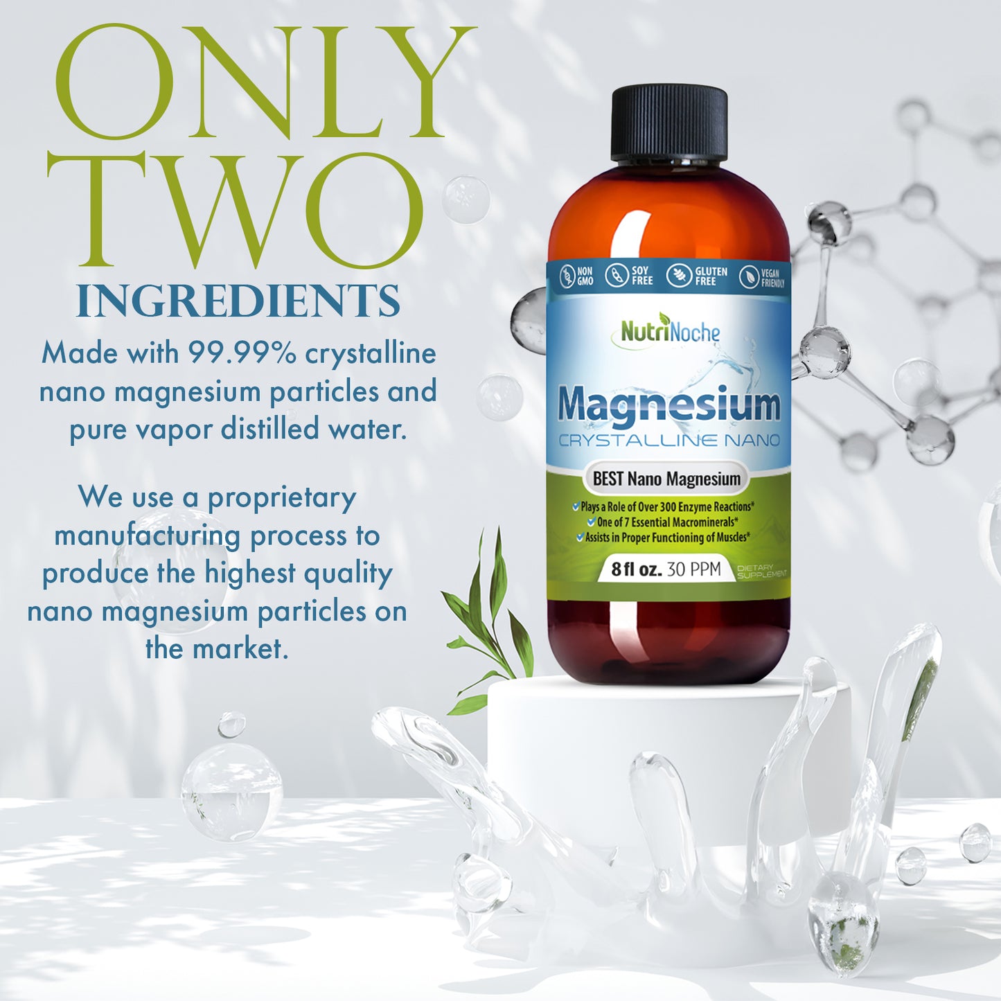 Bottle of magnesium supplement with product details on a white background