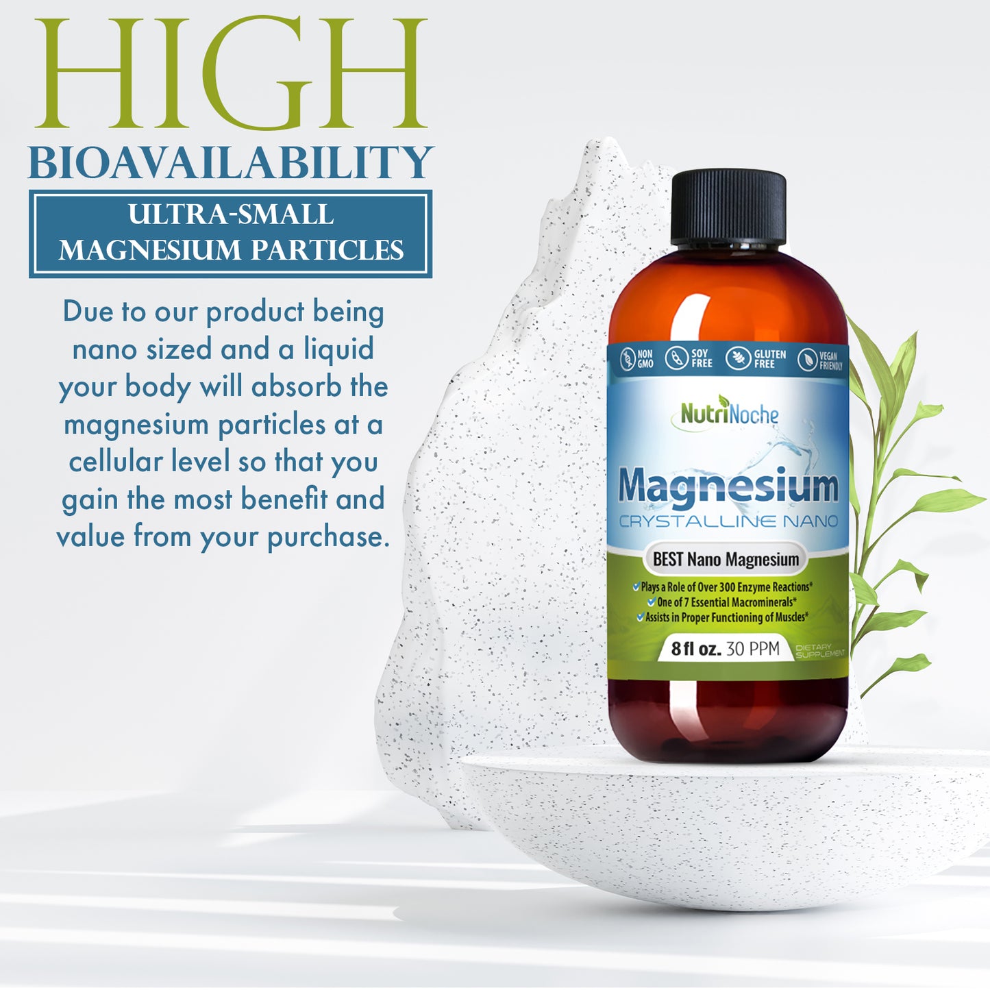 Bottle of Nutrilite Magnesium Crystalline Nano with text about high bioavailability on a white background