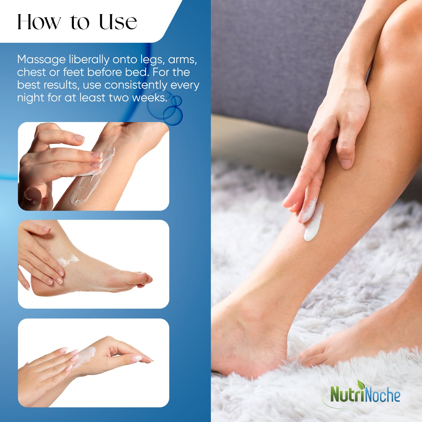Instructions for using NutriNoche Magnesium Lotion on legs and arms for better sleep and muscle relief.