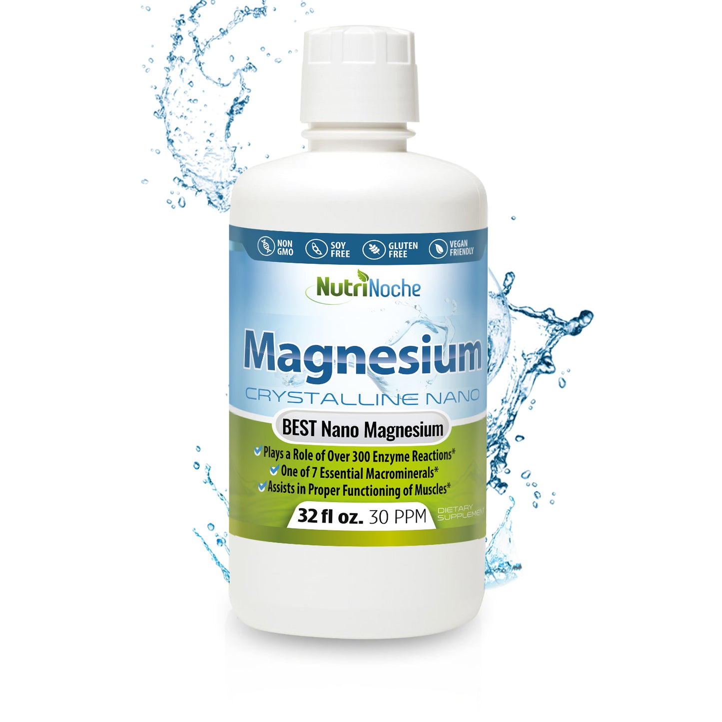 NutriNoche Ultra Pure Crystalline Liquid Magnesium in 32 fl oz bottle, 99.99% pure, promotes muscle function and enzyme reactions.