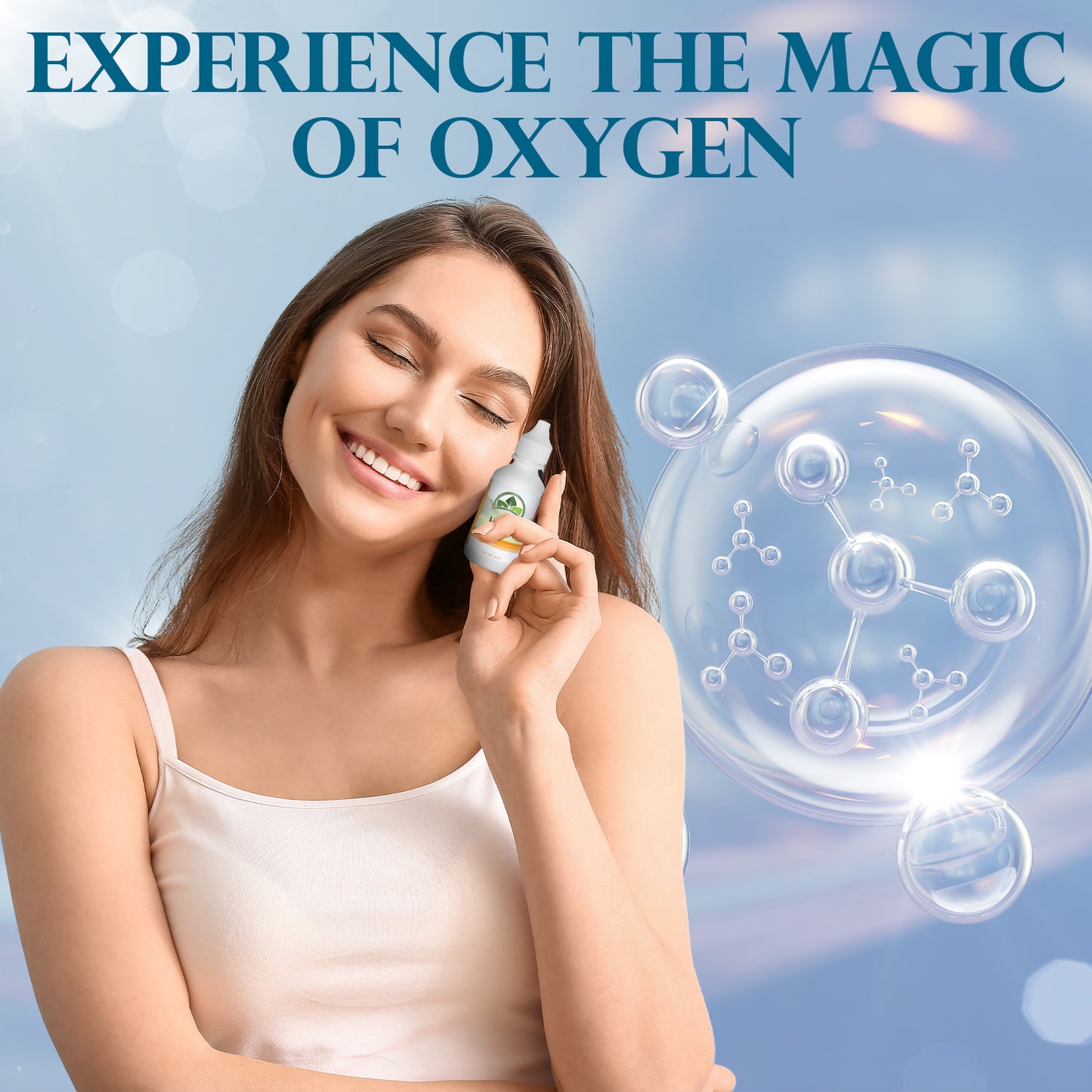 Woman using a device with text 'Experience the magic of oxygen' and molecular structure illustration.