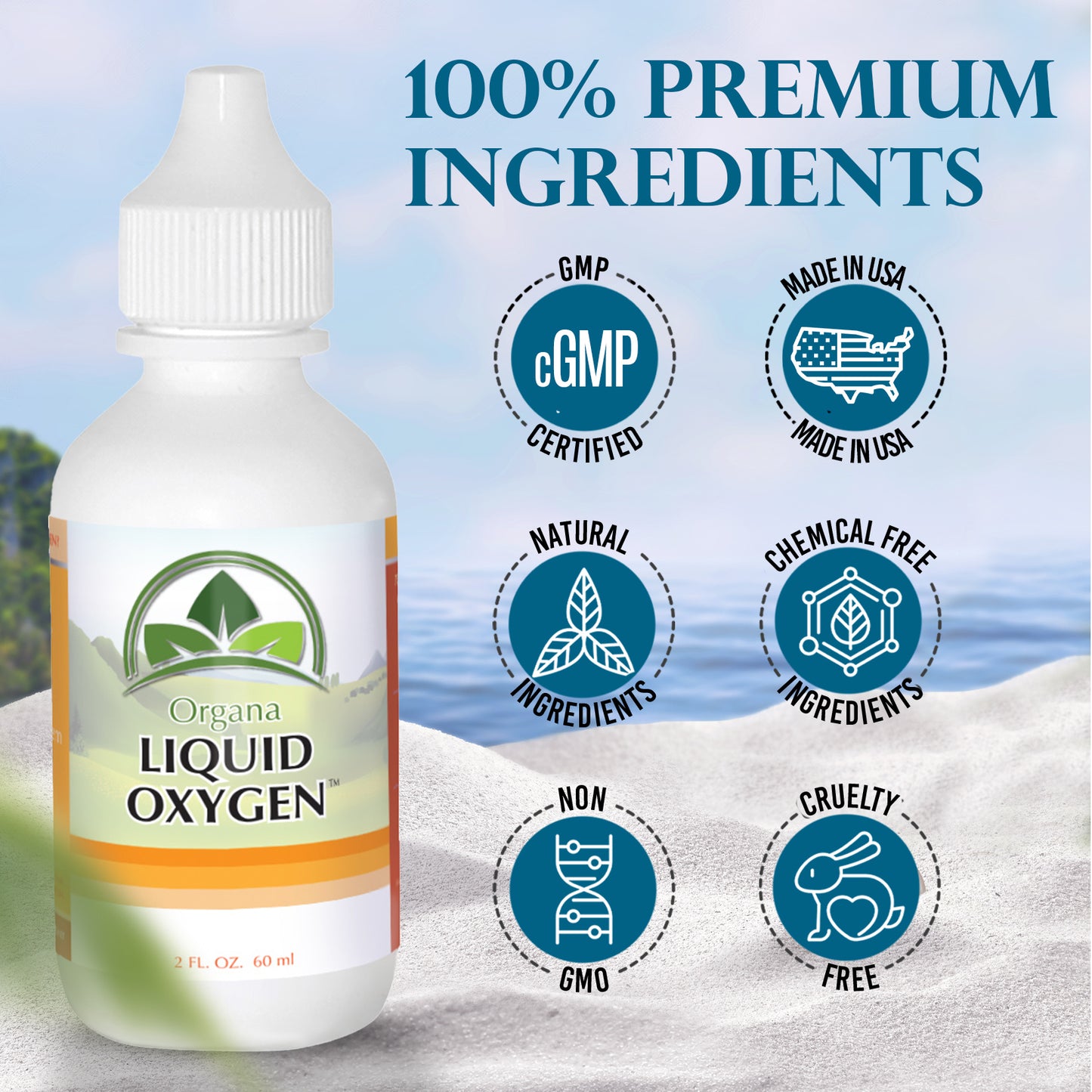 Bottle of Organa Liquid Oxygen with certification icons on a beach background