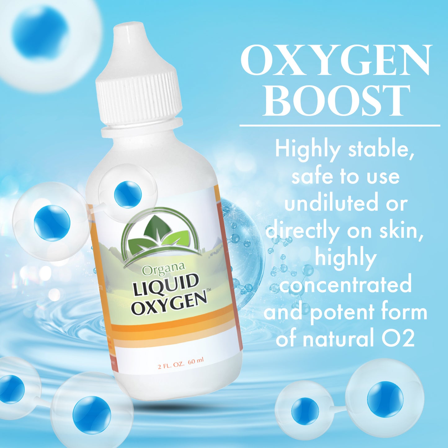Bottle of Liquid Oxygen with text about its properties on a blue background with bubbles.