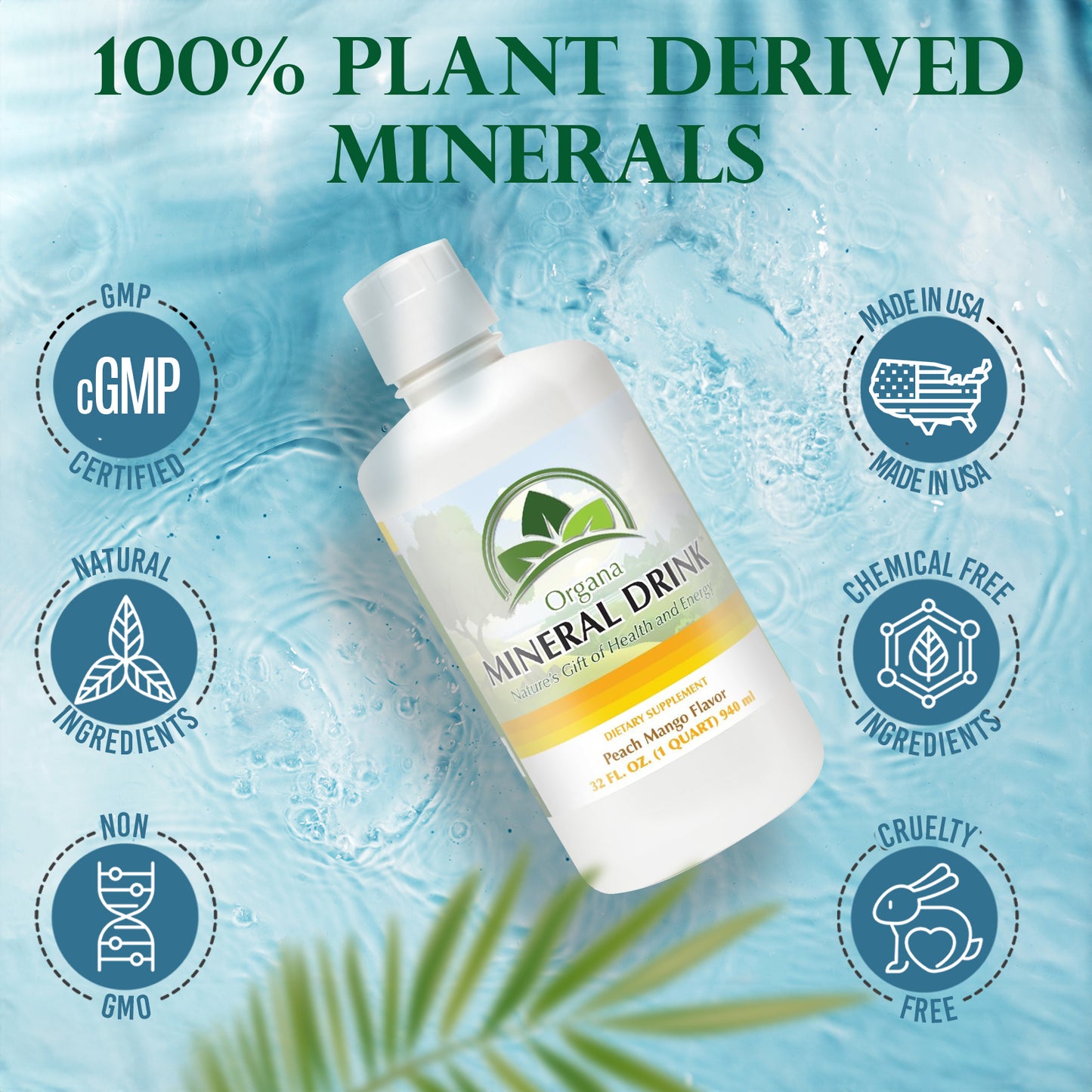 Bottle of Organa Mineral Drink with plant-derived minerals on a blue water droplet background