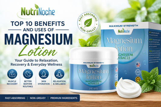 NutriNoche Magnesium Lotion hero image showing the top 10 benefits and uses of magnesium lotion, including muscle recovery, bedtime relaxation, skin hydration, and everyday wellness.