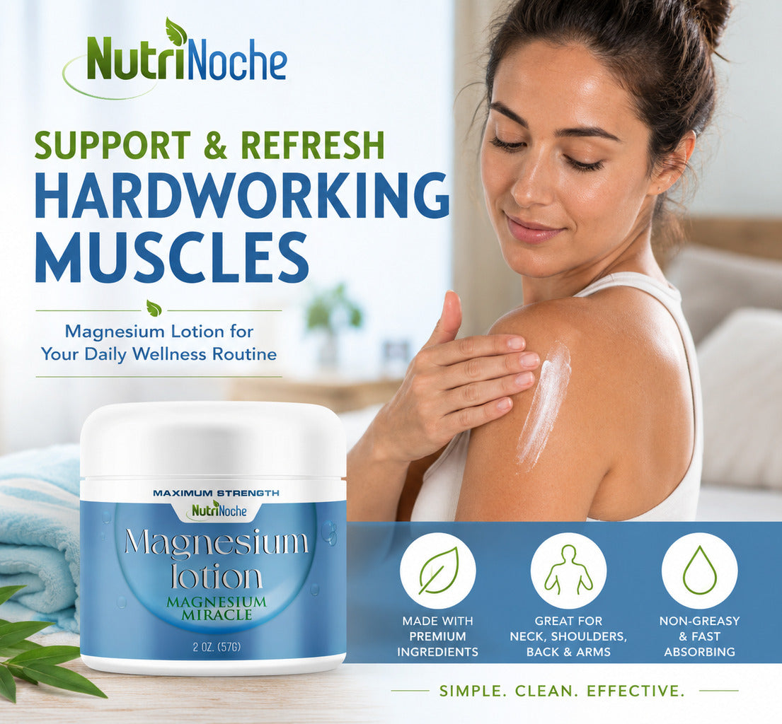 Woman applying NutriNoche Magnesium Lotion to her shoulder and upper arm as part of a daily wellness and post-activity self-care routine.