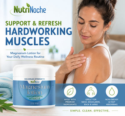 Woman applying NutriNoche Magnesium Lotion to her shoulder and upper arm as part of a daily wellness and post-activity self-care routine.