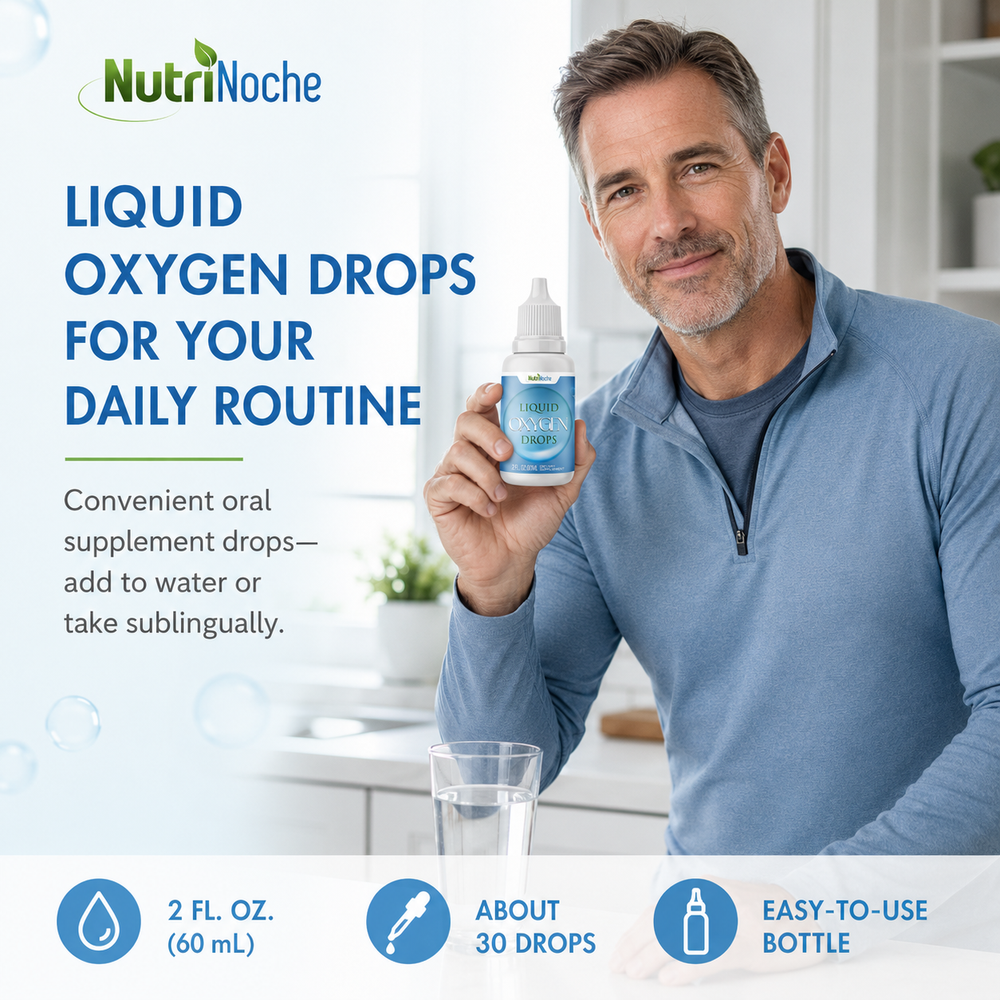 Health-conscious man holding NutriNoche liquid oxygen drops beside a glass of water