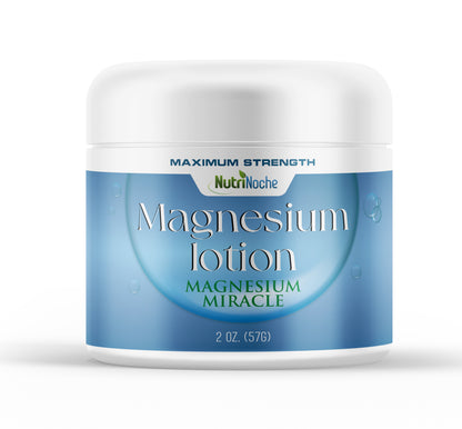 Nutrinoche Magnesium Lotion jar, maximum strength formula for muscle relief and better sleep.