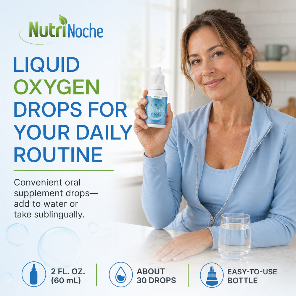 Woman holding NutriNoche liquid oxygen supplement with water for daily use
