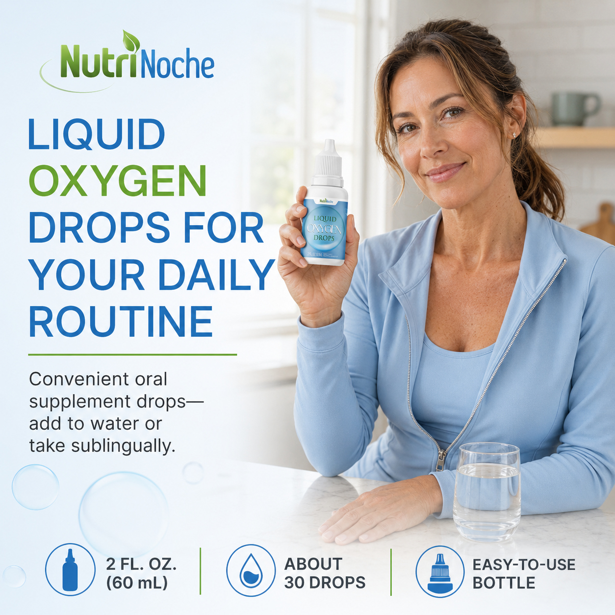 Woman holding Liquid Oxygen Drops for daily use