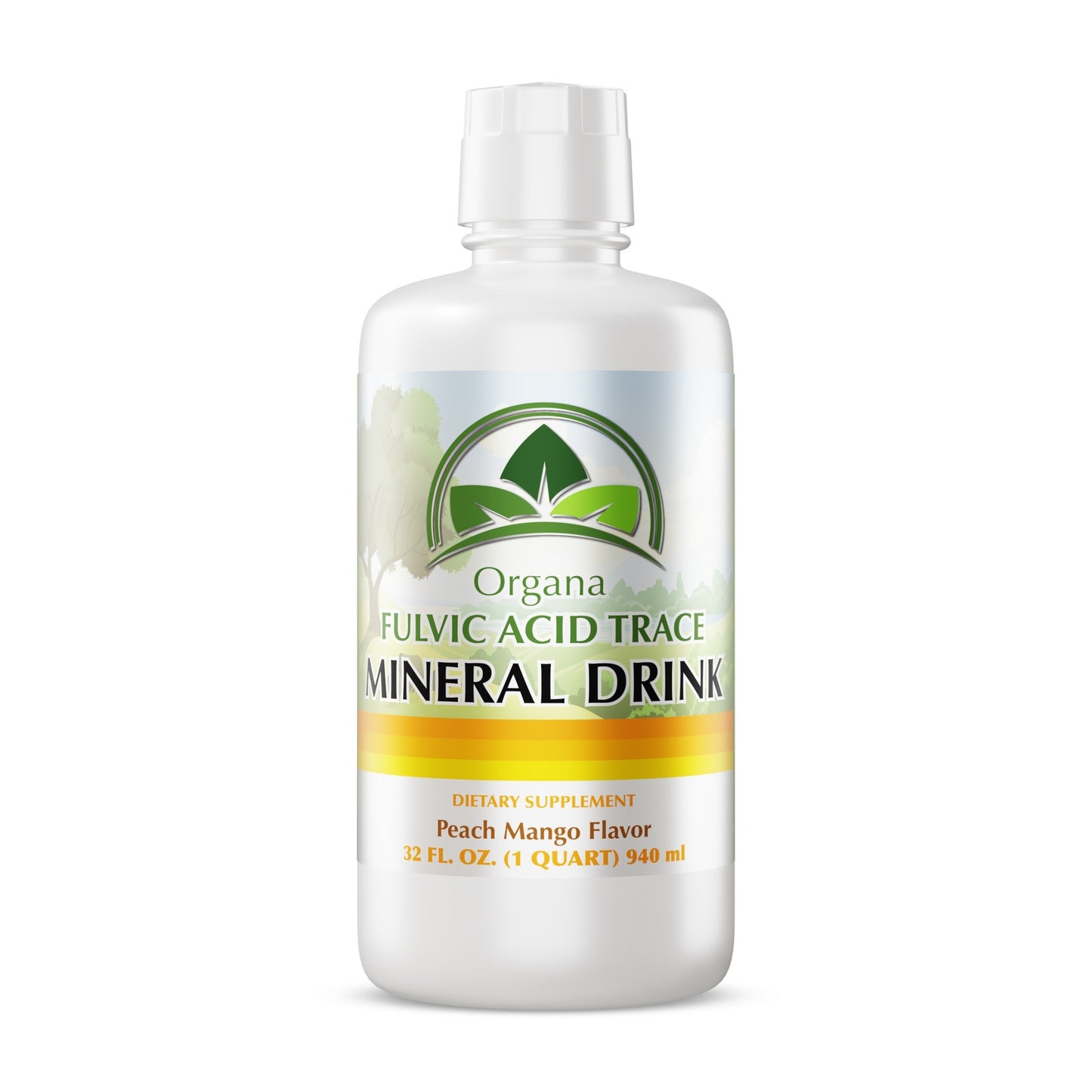 A 32 fl. oz. bottle of Organa Fulvic Acid Trace Mineral Drink in Peach Mango flavor, shown on a clean white background.