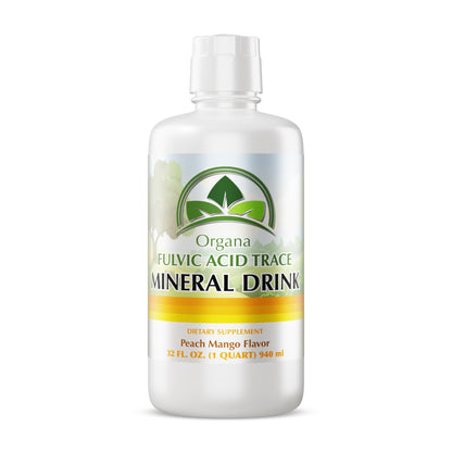 A 32 fl. oz. bottle of Organa Fulvic Acid Trace Mineral Drink in Peach Mango flavor, shown on a clean white background.