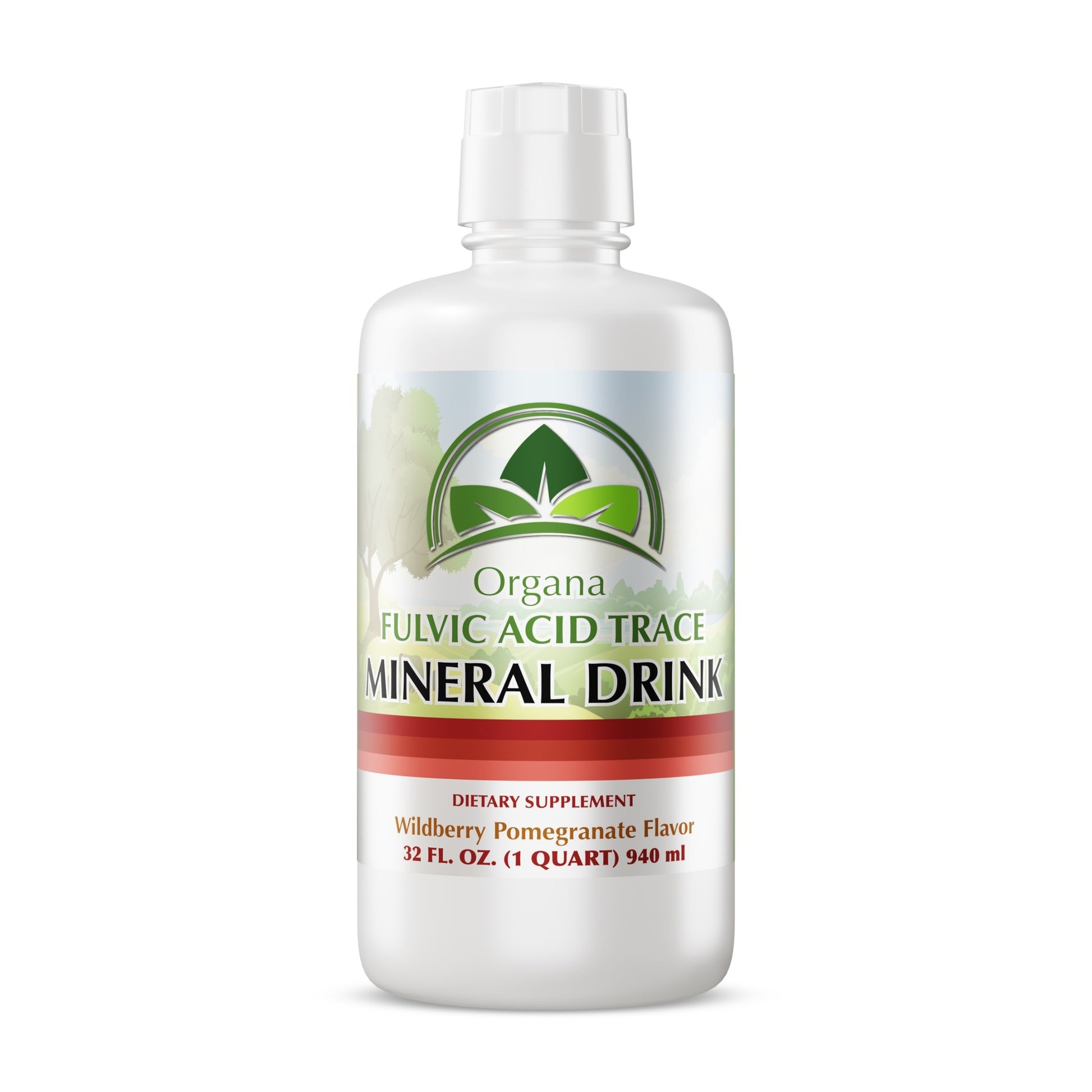 A 32 fl. oz. bottle of Organa Fulvic Acid Trace Mineral Drink, Wildberry Pomegranate Flavor, on a white background.