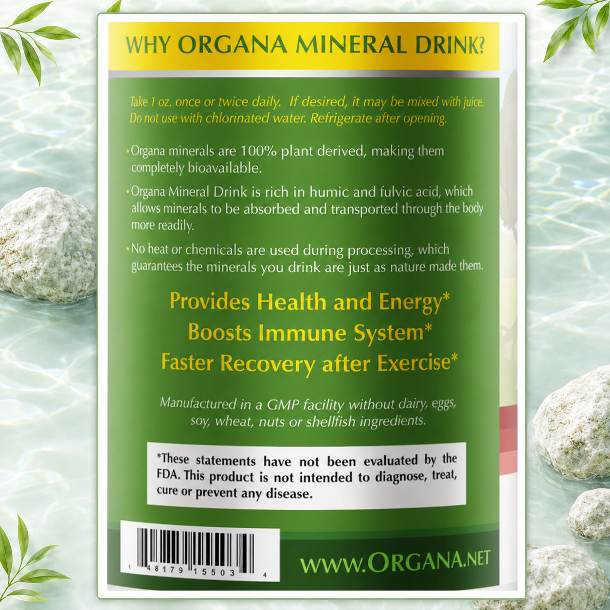 The back of an Organa Mineral Drink package, featuring product information, benefits, and a barcode on a green background, framed by a light water-texture border with rocks and leaves.