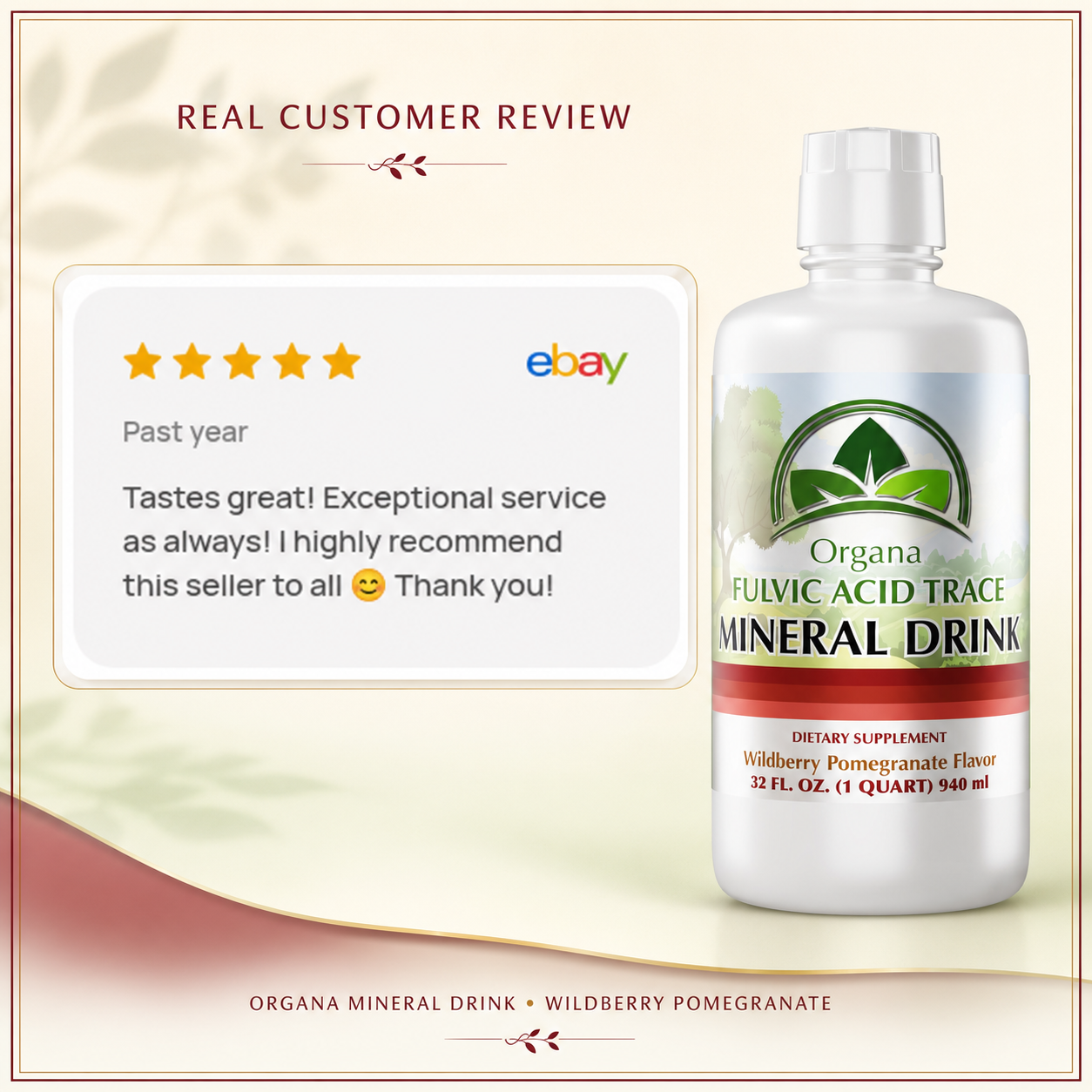 Five-star verified eBay customer review beside Organa Fulvic Acid Trace Mineral Drink in Wildberry Pomegranate flavor.