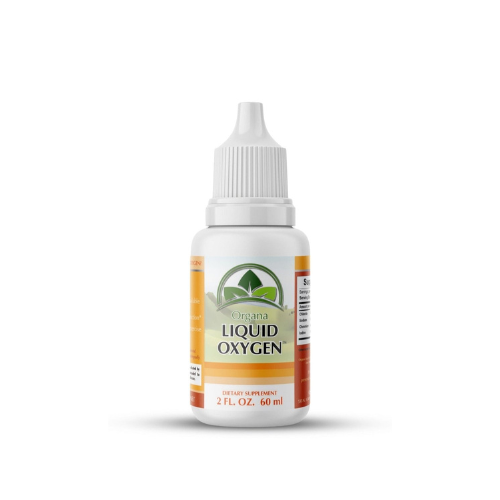 Bottle of Organa Liquid Oxygen Drops Supplement with a white cap and dropper, labeled to increase blood oxygen levels.