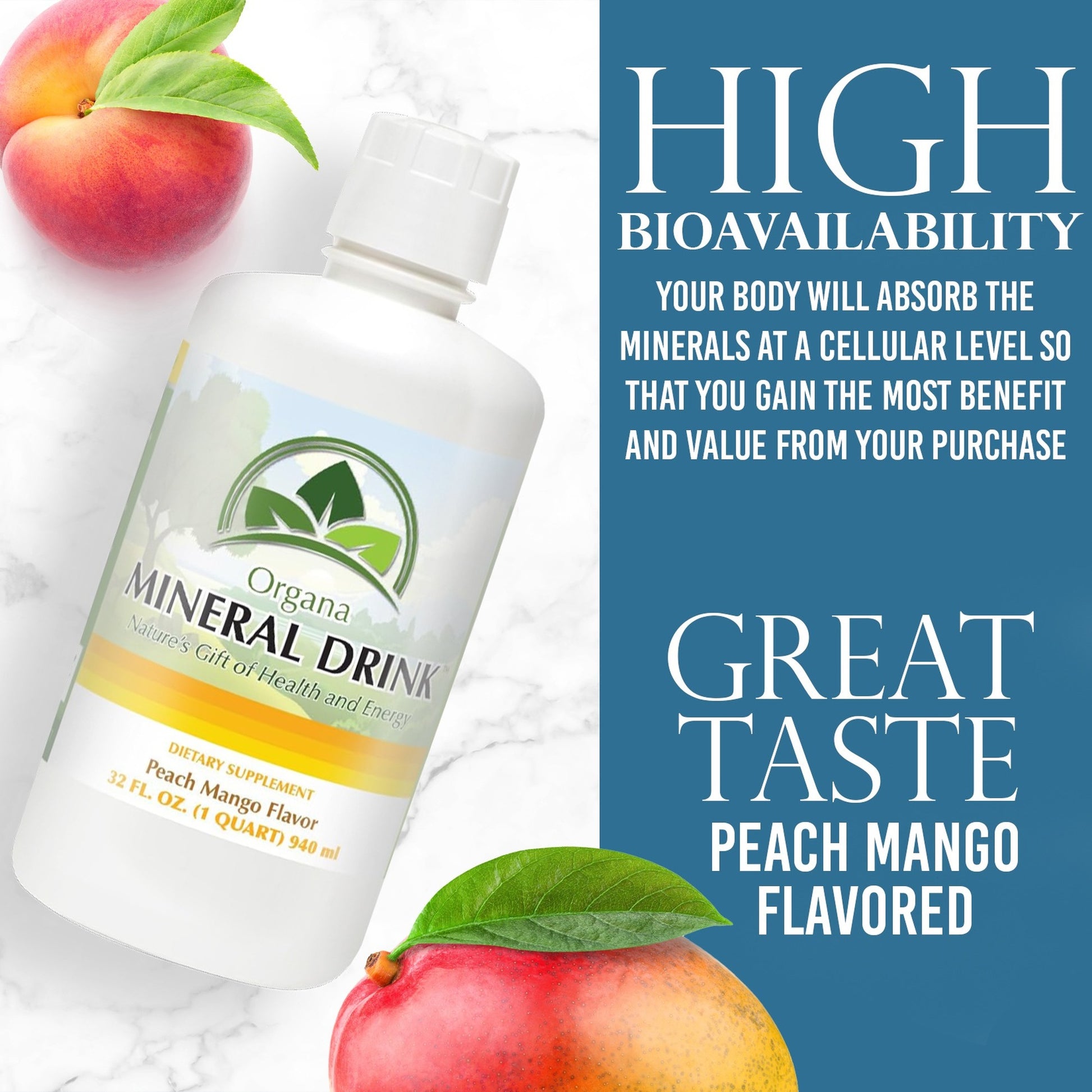 A bottle of Organa Mineral Drink, Peach Mango Flavor, displayed on a white marble background with fresh peaches and mangoes. The right side features a blue text panel highlighting 'HIGH BIOAVAILABILITY' and 'GREAT TASTE PEACH MANGO FLAVORED'.