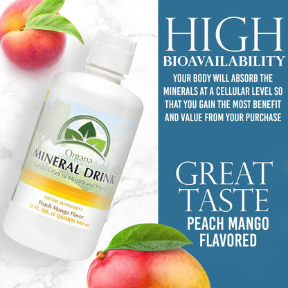 A bottle of Organa Mineral Drink, Peach Mango Flavor, displayed on a white marble background with fresh peaches and mangoes. The right side features a blue text panel highlighting 'HIGH BIOAVAILABILITY' and 'GREAT TASTE PEACH MANGO FLAVORED'.