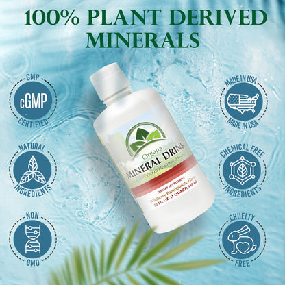 A bottle of Organa Mineral Drink water purification liquid shown on a light blue water-texture background with promotional text and certification icons. The bottle is white with a green and red label, surrounded by badges reading GMP Certified, Natural Ingredients, Made in USA, Chemical Free Ingredients, Non GMO, and Cruelty Free.