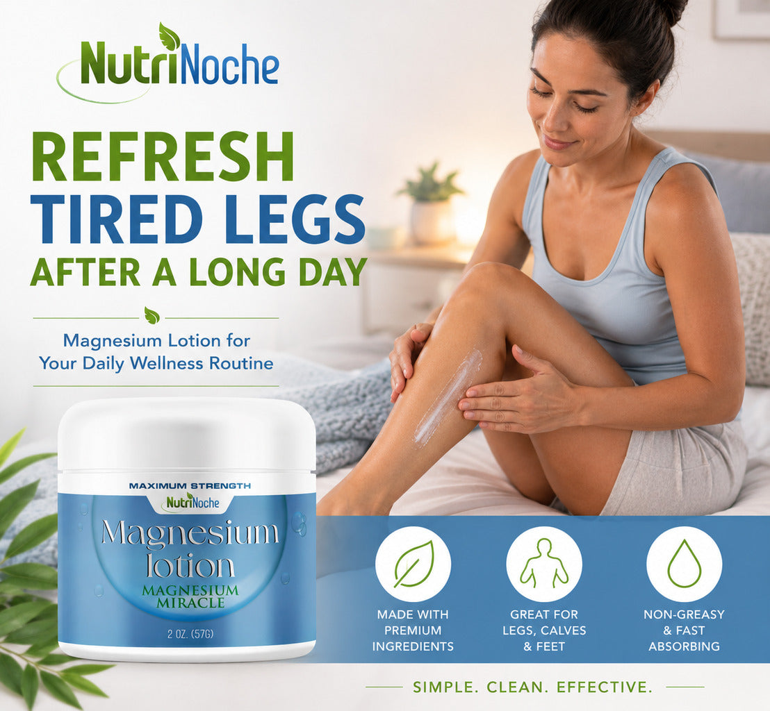 Woman applying NutriNoche Magnesium Lotion to her leg after a long day as part of a relaxing evening wellness and self-care routine.
