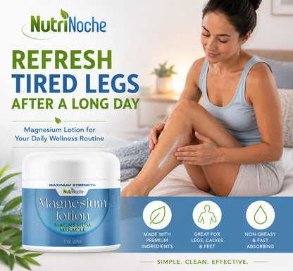 Woman applying NutriNoche Magnesium Lotion to her leg after a long day as part of a relaxing evening wellness and self-care routine.