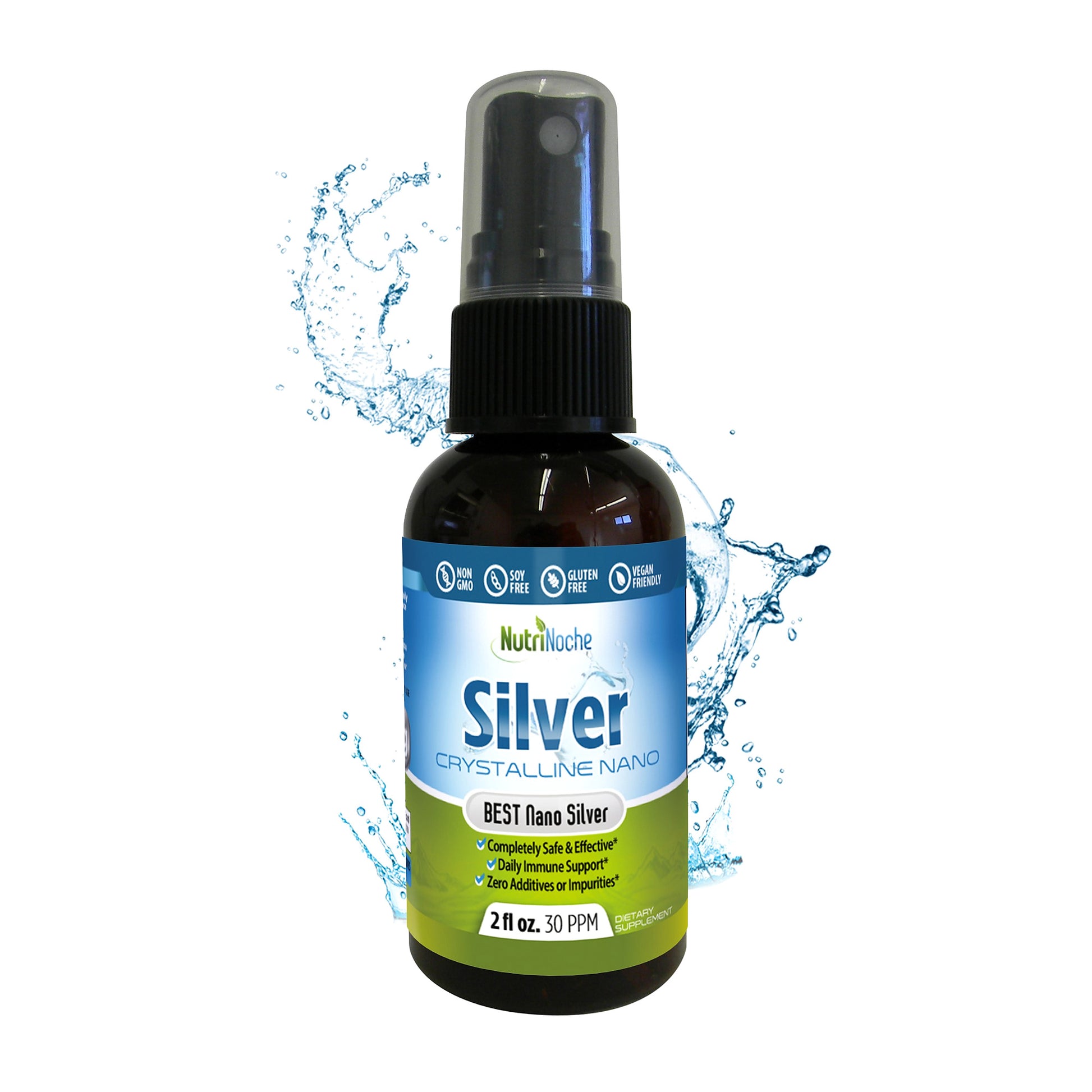 A 2 fl oz bottle of Nutrinoche Silver Crystalline Nano spray, featuring a black spray nozzle and a blue-to-green label, set against a white background with a blue water splash graphic.