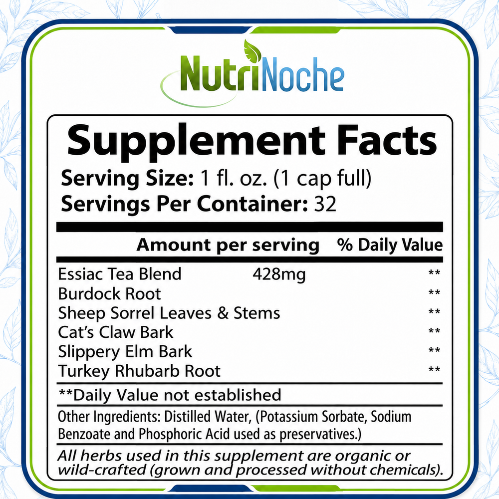 NutriNoche Essiac Tea Supplement Facts showing a 428 mg five-herb blend and 32 one-ounce servings
