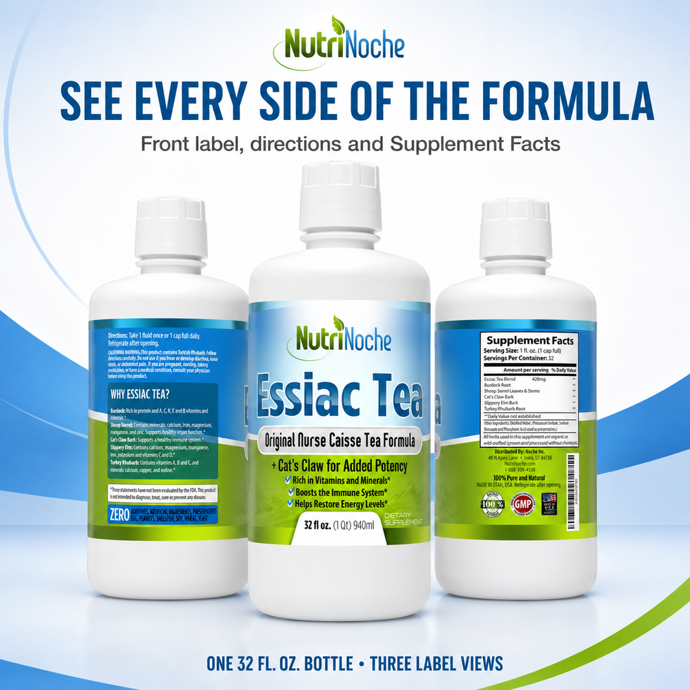 NutriNoche Essiac Tea front label directions and Supplement Facts bottle views