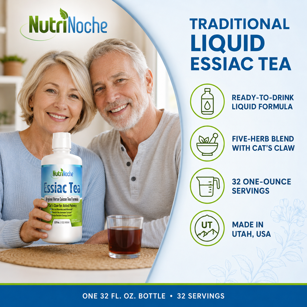 Couple holding NutriNoche traditional ready-to-drink liquid Essiac Tea