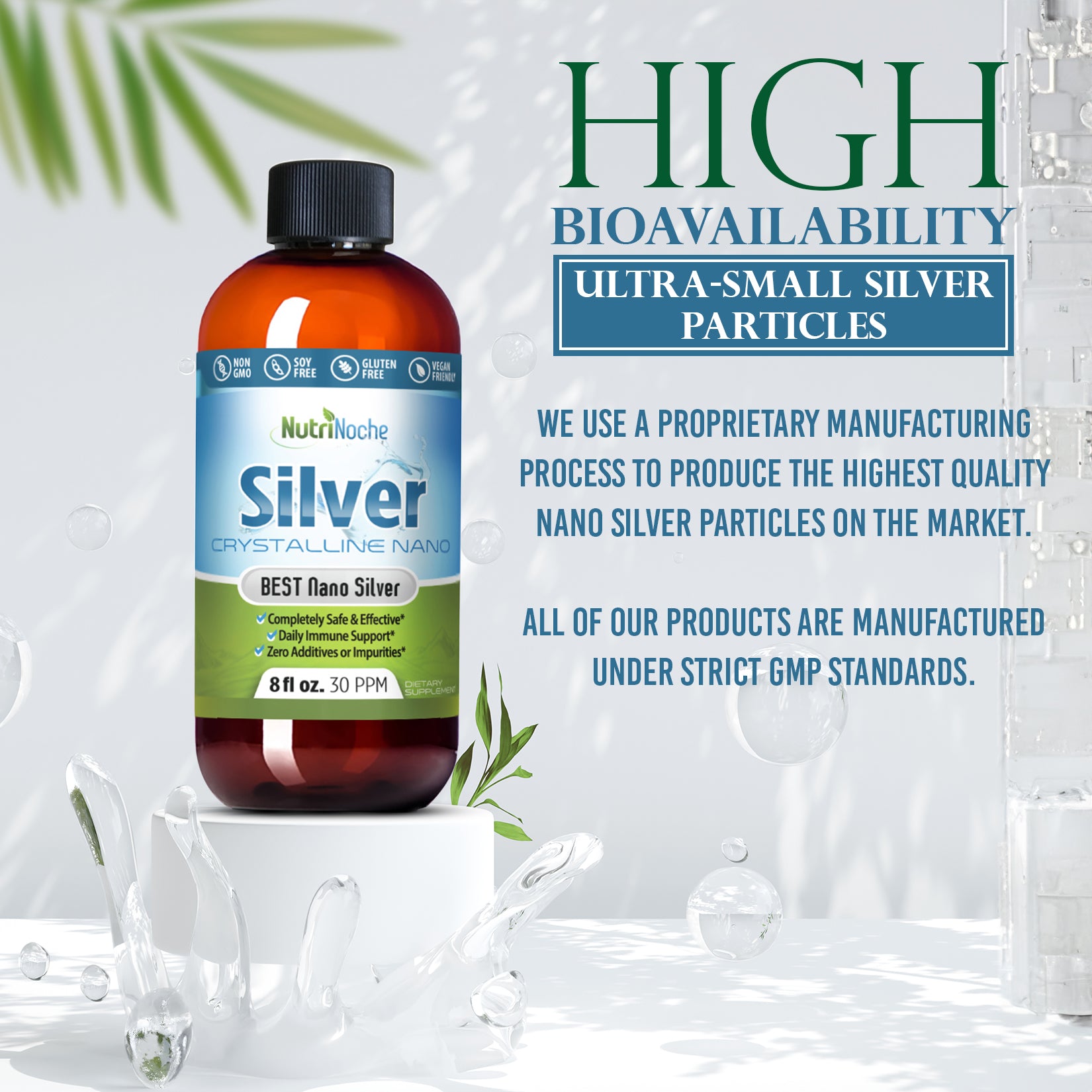 Bottle of NutriNiche Silver with text about high bioavailability and strict manufacturing standards on a light background.