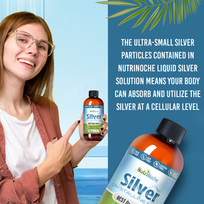 Woman holding a bottle of NutriNoche Liquid Silver with text about its benefits on a blue background.