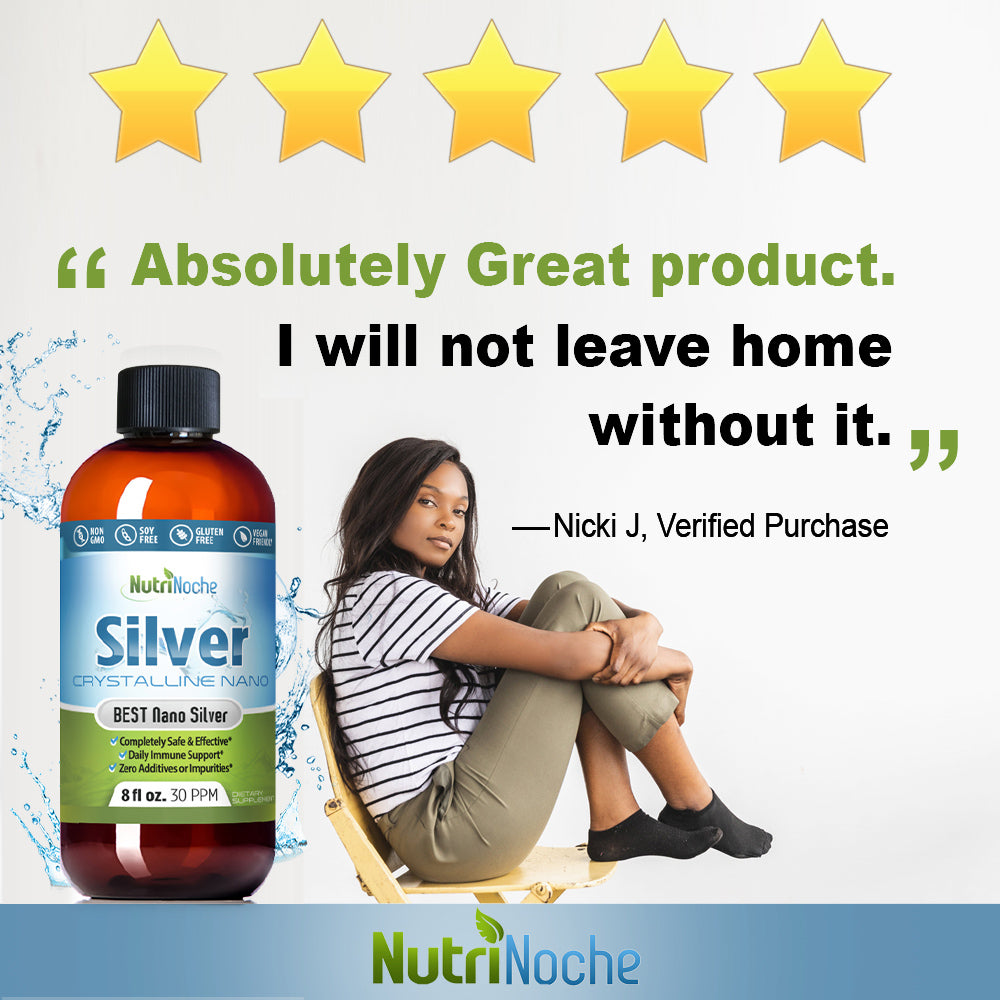 Bottle of NutriNoche Silver with a woman sitting on a chair and five-star rating text.