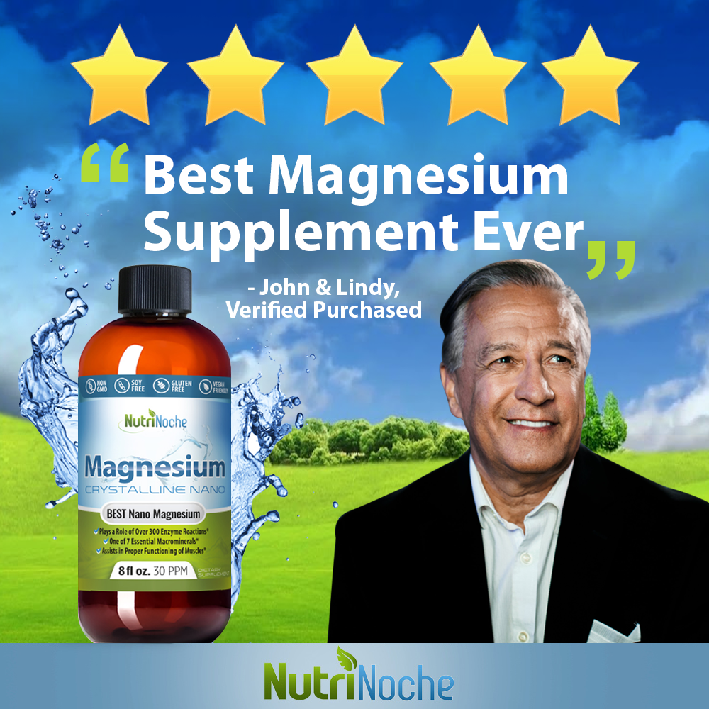 Nutritional liquid magnesium supplement bottle with a man's face and five-star rating on a scenic background