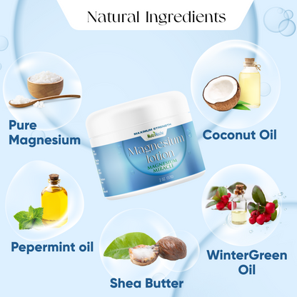 NutriNoche Magnesium Lotion with natural ingredients: pure magnesium, coconut oil, peppermint oil, shea butter, wintergreen oil.