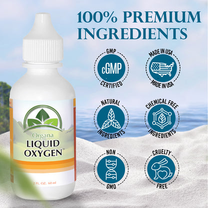 Bottle of Organa Liquid Oxygen with certification icons on a beach background