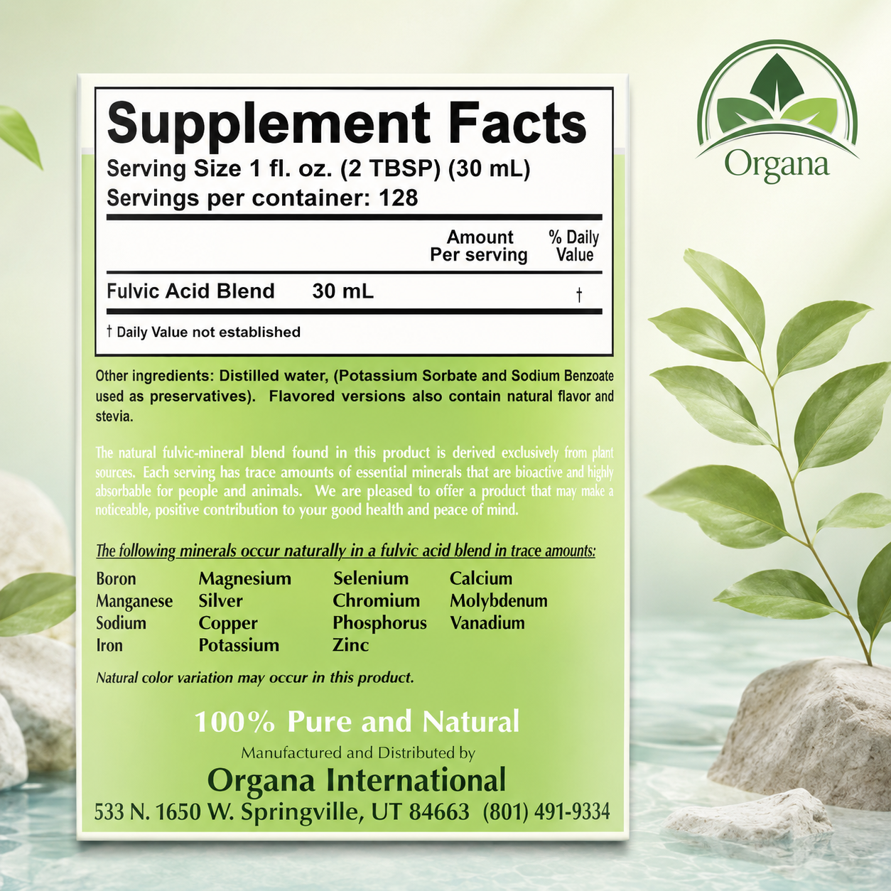 A supplement facts label for Organa International's Fulvic Acid Blend, displayed on a light green background with leaf graphics and rocks. The label details serving size, ingredients, and mineral content.
