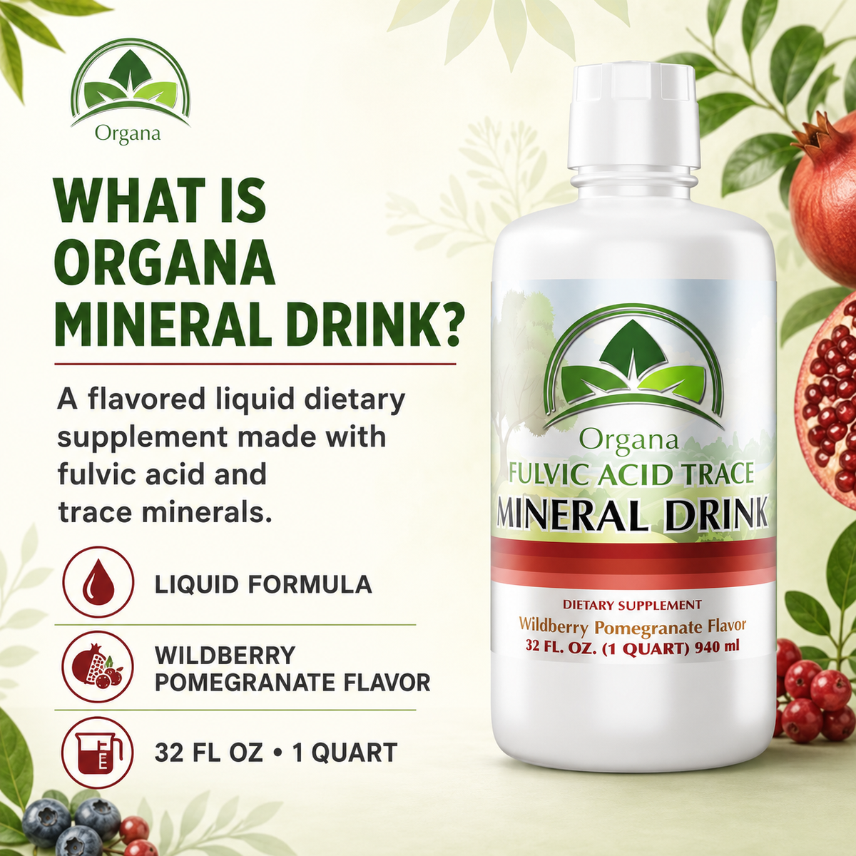 What Is Organa Plant-Derived Trace Mineral Drink? Organa Plant-Derived Trace Mineral Drink with fulvic acid, more than 70 naturally occurring minerals, Wildberry Pomegranate flavor and 32 fluid ounce bottle
